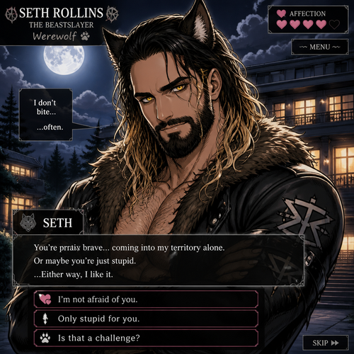 WWE superstar Seth Rollins as a werewolf in a dating Sim game