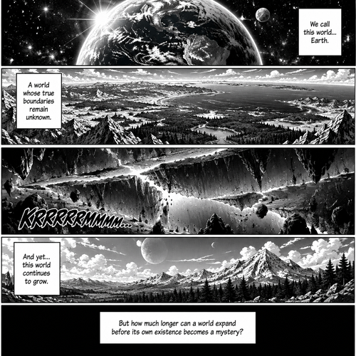 PANEL 1 — THE BLUE PLANET

A breathtaking view of Earth from space. Blue oceans stretch across the planet, clouds swirl over enormous continents, and countless stars shine in the darkness. Earth looks peaceful and ordinary.

NARRATION:
“We call this world… Earth.”

PANEL 2 — BEYOND THE HORIZON

A vast landscape stretches farther than the eye can see. Towering mountain ranges, endless forests, enormous oceans, and distant lands disappear into the horizon. The scale feels almost impossible to comprehend.

NARRATION:
“A world whose true boundaries remain unknown.”

PANEL 3 — THE IMPOSSIBLE EXPANSION

Deep beneath the surface, far away from every living observer, the very structure of the world appears to stretch outward. Enormous cracks of light trace through the darkness as distant layers of land shift and new spaces emerge beyond the existing world.

No person is visible. No explanation is given.

SFX: KRRRRRMMMM…

PANEL 4 — A WORLD WITHOUT LIMITS

Return to the surface. A distant mountain range stands beneath a vast, unfamiliar sky. Everything appears normal, and no one seems to notice anything unusual.

NARRATION:
“And yet… this world continues to grow.”

FINAL PANEL — BLACK

A completely black panel. No character, no explanation, only one final line.

NARRATION:
“But how much longer can a world expand before its own existence becomes a mystery?”

