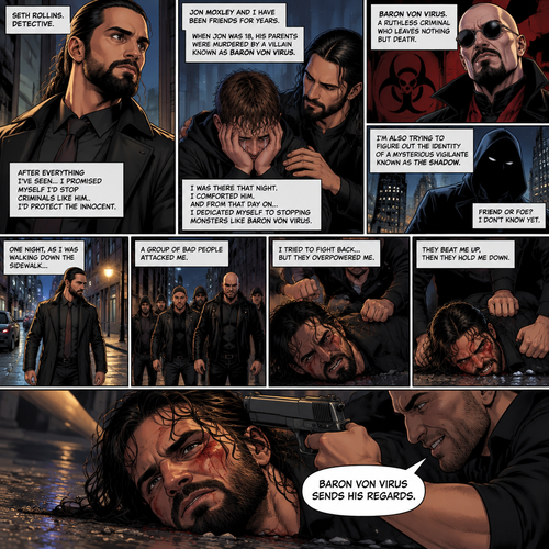Seth Rollins is a detective. He and Jon Moxley had been friends for years. When Jon was 18 years old His parents were murdered by a villain known as Baron Von Virus. Seth comforted him that night. Ever since then Seth dedicated himself to stopping criminals like Baron Von virus and protecting the innocent. He was also trying to figure out the identity of a mysterious Vigilante known as the shadow. One night he walking down the sidewalk,Then a group of bad people attacked him. He tried to fight back but they overpowered him. They beat him up,Then they hold him down. One of them points a gun at his head and says “Baron von virus sends his regards”