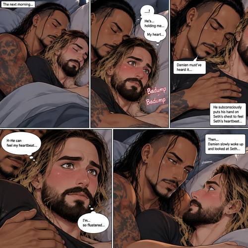 (Recap). Seth Rollins (College student) had just finished studying late at night,Then there was a noise downstairs,he investigated,the front door was open,He closed,Then there was a dripping noise in the kitchen,He goes to investigate,it was just a leaky faucet,He turned it off,he turned around,Damien priest (The bad boy) was right behind him,His chest had scratch marks on it and his shoulder had a huge bite mark on it,Seth was horrified,He goes to turn on the light but Damien grabbed his wrist before he could,he pulled Seth closer to him,Then he puts his head on Seth’s shoulder,His body was shaking a little as if he was crying,he said to Seth “Help me…please…Angel”,Seth slowly wrapped his arms around Damien,Damien’s body slowly relaxed as if he felt safe in Seth’s arms,Seth takes Damien to the bathroom,he grabs a first aid kit,he gently cleans Damien’s wounds and bandages them afterwards,Seth said “There,That should do it,Damien looks up at Seth and softly said “Thank you,Angel”,Seth blushed a little and said to Damien “you’re welcome” (And now part 3). The next morning,Seth and Damien were asleep in Seth’s bed,Seth slowly woke up,He was in Damien’s embrace. He blushed and his heart fluttered. Damien must’ve heard it because he subconsciously put his hand on Seth’s chest to feel Seth’s heartbeat and hummed softly in his sleep. Seth was flustered,Then…Damien slowly woke up and looked at Seth