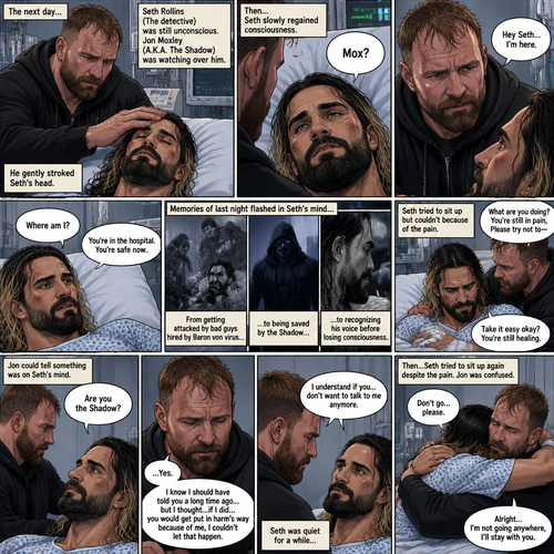 (Part 2 of the Vigilante x detective story). The next day,Seth Rollins (The detective) was still unconscious. Jon Moxley (A.K.A The vigilante known as the shadow) was watching over him. He gently stroked Seth’s head. Then…Seth slowly regained consciousness. He spoke weakly “Mox?”. “Hey Seth…I’m here” Jon said Softly. Seth was silent for a bit before he spoke weakly “Where am I?”. “You’re in the hospital,You’re safe now” Jon said softly. Memories of last night flashed in Seth’s mind,From getting attacked by Bad guys hired By Baron von virus to being saved by the shadow to recognizing his voice before losing consciousness. Seth tried to sit up but couldn’t because of the pain. “Take it easy okay?,You’re still healing” Jon said softly. Seth was quiet for a moment. Jon could tell something was on Seth’s mind. Then…Seth asked Jon the one question that he thought in his mind “Are you the shadow?”. Jon knew this day would come. He didn’t deny it. “…Yes” Jon said softly. Seth was quiet for a moment again. Jon gently took Seth’s hand as he spoke “I know I should have told you a long time ago…but I thought…if I did…you would get put in harm’s way because of me,I couldn’t let that happen”. Seth processed what Jon said. “I understand if you…don’t want to talk to me anymore” said Jon. It was silent for a while…Then Seth tried to sit up again despite the pain. Jon was confused. “What are you doing?,you’re still in pain,Please try not to-“ Jon was cut off By a Hug from Seth. “Don’t go…please” Seth said softly. Jon was caught off guard a little…then he gently hugged Seth back. “Alright…I’m not going anywhere,I’ll stay with you” Jon said softly