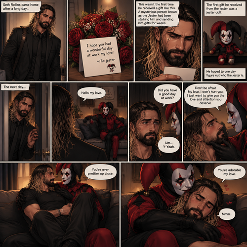 Seth Rollins came home after a long day,He discovered a bouquet of roses on his table. He reads the card,it says “I hope you had a wonderful day at work my love!-The jester”. This wasn’t the first time he received a gift like this. A mysterious person known as the Jester had been stalking him and sending him gifts for weeks. He was never able to figure who this person is. The first gift he received from the jester was a jester doll. He hoped to one day figure out who the jester is. The next day,he came home from work as usual….but….he discovered that the front door was cracked open a little. He got tense and approached with caution. He slowly walked inside the house,then….he heard a voice coming from the living room “Hello my love”. He looked at the source….it was…the jester….in person,Sitting on Seth’s couch. There was something familiar about him…but Seth couldn’t figure it out. “Did you have a good day at work?” Asked the Jester. Seth was a little nervous. “Um…Y-Yeah” said Seth. Seeing how nervous Seth was The Jester slowly walked towards Seth. He gently lifted Seth’s chin. “Don’t be afraid My love,I won’t hurt you,I just want to give you the love and attention you deserve” the jester said softly. Seth blushed a little. The jester lifted Seth in his arms,Then he walked back to the couch and sat down putting Seth on his lap. “You’re even prettier up close” the jester said softly. Seth’s heart fluttered. The jester Wrapped his arms around Seth. “You’re adorable my love” The jester said softly. Seth hummed softly. They cuddled on the couch