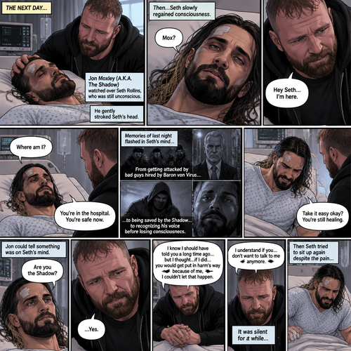 (Part 2 of the Vigilante x detective story). The next day,Seth Rollins (The detective) was still unconscious. Jon Moxley (A.K.A The vigilante known as the shadow) was watching over him. He gently stroked Seth’s head. Then…Seth slowly regained consciousness. He spoke weakly “Mox?”. “Hey Seth…I’m here” Jon said Softly. Seth was silent for a bit before he spoke weakly “Where am I?”. “You’re in the hospital,You’re safe now” Jon said softly. Memories of last night flashed in Seth’s mind,From getting attacked by Bad guys hired By Baron von virus to being saved by the shadow to recognizing his voice before losing consciousness. Seth tried to sit up but couldn’t because of the pain. “Take it easy okay?,You’re still healing” Jon said softly. Seth was quiet for a moment. Jon could tell something was on Seth’s mind. Then…Seth asked Jon the one question that he thought in his mind “Are you the shadow?”. Jon knew this day would come. He didn’t deny it. “…Yes” Jon said softly. Seth was quiet for a moment again. Jon gently took Seth’s hand as he spoke “I know I should have told you a long time ago…but I thought…if I did…you would get put in harm’s way because of me,I couldn’t let that happen”. Seth processed what Jon said. “I understand if you…don’t want to talk to me anymore” said Jon. It was silent for a while…Then Seth tried to sit up again despite the pain