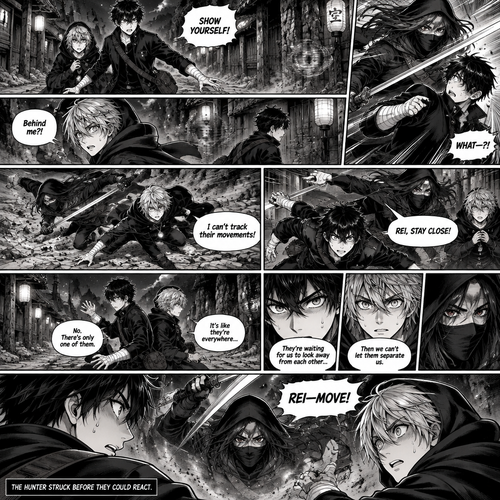 DRAGON STRIKERS

ABYSS — CHAPTER 1

NEXT PAGE: THE INVISIBLE HUNTER

PAGE FORMAT AND ART STYLE

Create one extremely detailed Japanese manga page with 8 clearly separated panels. Use traditional black-and-white manga artwork with professional ink work, dense cross-hatching, dramatic blacks, sharp highlights, detailed anatomy, cinematic compositions, expressive faces, and intense action choreography. Use right-to-left manga reading order. The page should feel like a tense, high-quality dark fantasy action manga chapter.

Every panel must continue the same fight in chronological order. Keep the characters’ faces, hairstyles, outfits, body proportions, accessories, and surroundings consistent. Use varied panel sizes: wide establishing panels, narrow vertical action panels, extreme close-ups, and one large final cliffhanger panel. Make all speech bubbles readable and keep them away from the characters’ faces.

CHARACTER DESIGN — STRICT CONSISTENCY

SORA AMAMIYA — PROTAGONIST

Sora is a 17-year-old Japanese boy, 178 cm tall, with a slim athletic build and youthful but defined facial features. He has messy, layered jet-black hair, sharply pointed irregular spikes, uneven bangs falling over his forehead, and intense light-grey eyes with dark pupils. His expression is usually observant, but he becomes fiercely determined when his friend is threatened.

He wears a fitted black high-collar jacket with silver buttons, a dark shirt underneath, black trousers, a black belt with a rectangular silver buckle, and black lace-up combat boots. White bandages wrap around both wrists and partially cover both hands. He carries a dark travel bag with a visible shoulder strap.

Preserve his exact hairstyle, eye shape, jacket design, bandages, belt, boots, and travel bag in every panel. His jacket and hair should react naturally to sudden movements. Do not give him a sword, new powers, glowing eyes, scars, tattoos, or clan symbols.

REI MIKAZUKI — SORA’S FIRST FRIEND IN THE ABYSS

Rei is a young Japanese boy with soft, layered silver hair, loose strands framing his face, cool blue-grey eyes, and a calm, intelligent appearance. His current expression shifts from confusion to fear, concentration, and determination as the fight escalates.

He wears a black hooded cloak with subtle blue accents over dark layered clothing, black trousers, and black boots. A blue crystal pendant hangs from a silver chain around his neck. In black-and-white artwork, represent the crystal with a distinctive bright highlight and tonal contrast.

Preserve his silver hairstyle, face, hood, cloak, pendant, and clothing throughout the entire page. His cloak should flow with his movements, but the pendant must remain attached to its chain.

THE ASSASSIN — THE INVISIBLE HUNTER

The assassin is tall and lean, with long, straight charcoal-black hair, narrow crimson eyes, a black mask covering the lower half of the face, a fitted black combat outfit, black gloves, dark trousers, black boots, and a long black hooded cloak. A dark-metal sword hangs at the waist.

The assassin can turn completely invisible. When visible, the assassin has a cold, calculating stare and controlled body language. Do not give the assassin glowing supernatural effects, extra weapons, or a different costume.

Show invisibility through faint ripples in the air, slight background distortion, displaced mist, disturbed dust, and brief glimpses of the assassin’s outline. The assassin must remain physically consistent whenever visible.

SETTING AND ATMOSPHERE

The fight takes place near the deserted outer border of the Abyss village at night. The path is uneven and rocky, with fractured stone, loose gravel, patches of dirt, and a few weeds growing between cracks. Tall, weathered wooden buildings stand farther behind the characters. Traditional hanging lanterns illuminate sections of the path, creating alternating pools of light and deep shadow.

Towering cliffs rise beyond the village border. Narrow trails disappear between the rocks. Thin mist drifts close to the ground. Wooden beams, roof edges, hanging ropes, and distant lanterns create strong depth in the background.

Keep the setting consistent in all eight panels. As the assassin moves, the lantern light should reveal tiny disturbances in the mist, while shadows make it difficult for Sora and Rei to locate the attacker.

The environment should feel quiet and abandoned. There are no villagers nearby to help them.

⸻

PANEL 1 — THE MOMENT BEFORE THE ATTACK

Wide horizontal establishing panel.

Sora stands slightly in front of Rei on the rocky path, his feet planted apart and his shoulders tense. His right hand is extended slightly outward to protect Rei, while his left hand remains close to his body. His dark travel bag hangs from his shoulder.

Sora’s messy black hair shifts in the cold night breeze. His light-grey eyes scan the surrounding buildings, rooftops, cliffs, and dark gaps between the lanterns.

Rei stands half a step behind Sora, his silver hair partially framed by his hood. One hand is raised defensively near his chest, and his blue crystal pendant rests against his dark clothing. His eyes move cautiously across the deserted path.

Neither character can see the assassin.

Near a wooden building behind them, show an extremely subtle ripple in the air. A thin section of mist bends unnaturally around an invisible shape. Most readers should notice it only after looking carefully.

Dialogue — Sora, shouting into the darkness:

“SHOW YOURSELF!”

Use a bold, jagged speech bubble for the shout. Keep the background dark and the two characters sharply outlined by the distant lantern light.

PANEL 2 — THE FIRST UNPREDICTABLE STRIKE

Tall vertical action panel with a sharply tilted camera angle.

The assassin suddenly becomes visible on Sora’s left side, emerging from the edge of a deep shadow. The assassin’s long black hair trails behind the movement, the hooded cloak flares outward, and the dark-metal sword is already swinging toward Sora.

Show the attack diagonally across the panel. The assassin’s body is low and balanced, with the front foot driving forward and the sword arm extending through a fast, controlled strike.

Sora’s eyes widen as he realizes the attacker has appeared almost beside him. He twists his upper body backward and bends his knees, narrowly avoiding the blade. His right hand rises instinctively to protect his head. The white bandages around his wrist and hand should be clearly visible.

His jacket pulls sharply across his shoulders, his hair whips away from his face, and his travel-bag strap shifts from the sudden movement.

The sword passes through empty air just above his shoulder. Use dense speed lines behind the blade and small streaks of reflected lantern light along the dark metal.

The assassin’s crimson eyes remain fixed on Sora.

Dialogue — Sora:

“WHAT—?!”

Make the speech bubble small and jagged, showing that the attack caught him off guard.

Do not show a wound. The danger comes from how narrowly Sora avoids the strike.

PANEL 3 — THE ATTACKER DISAPPEARS

Narrow horizontal panel, focused on Rei’s reaction.

Before Sora can turn to counterattack, the assassin vanishes completely.

The assassin’s silhouette breaks apart into a faint distortion, leaving only disturbed mist and a few tiny pieces of dust suspended in the lantern light. Do not depict teleportation magic or a portal; the assassin simply becomes invisible.

Rei immediately notices a disturbance behind his right shoulder. His silver hair shifts as he turns sharply, his eyes widening and his cloak beginning to swing around his body.

In the background, Sora is still recovering from his evasive movement. He turns his head toward Rei, realizing that the attacker has changed targets.

Show a faint curved distortion behind Rei’s cloak, barely visible against the dark wooden wall.

Dialogue — Rei:

“Behind me?!”

His expression should show surprise and growing alarm, but he is still trying to react intelligently.

PANEL 4 — REI’S NARROW ESCAPE

Dynamic diagonal action panel with a low camera angle near the rocky ground.

The assassin briefly reappears behind Rei, striking from a different direction than before.

Rei drops his center of gravity and throws his upper body sideways, his left boot scraping across the gravel. His cloak swings outward in a broad arc, revealing the dark layered clothing underneath. The silver chain of his pendant shifts with the movement, and the crystal catches a small flash of lantern light.

The assassin’s sword cuts through the space where Rei had been standing a fraction of a second earlier. The blade passes beside his cloak without making contact.

Show small stones scattering beneath Rei’s boot and a trail of dust rising from the ground. The assassin’s long black hair crosses part of the masked face, while the narrow crimson eyes remain visible.

The assassin’s body language should look economical and precise, as if every movement is calculated to exploit the moment when Rei looks elsewhere.

Rei lands awkwardly but stays on his feet. His face now shows focused concentration rather than simple surprise.

Dialogue — Rei:

“I can’t track their movements!”

Use speed lines to emphasize the sudden change of direction, but keep both characters’ bodies and the sword clearly readable.

PANEL 5 — SORA TRIES TO INTERVENE

Wide action panel with strong foreground and background separation.

Sora immediately rushes toward Rei after seeing him attacked. His expression changes from surprise to fierce determination. His eyebrows draw down, his jaw tightens, and his light-grey eyes lock onto the space beside Rei.

Show Sora sprinting across the uneven ground, one arm extended for balance and the other drawn close to his body. His jacket flares behind him, his travel bag bounces against his back, and the white bandages on his hands contrast against the dark clothing.

For a moment, the assassin appears to be nowhere nearby.

Then a subtle distortion forms directly behind Sora’s shoulder.

The assassin becomes visible at the last instant, emerging from invisibility with the sword raised for another fast strike. The assassin’s cloak streams backward and the blade catches a thin highlight from a lantern.

Sora notices the movement at the edge of his vision and drops into a sudden crouch. The sword passes above him, missing by a narrow margin.

Rei turns toward Sora, startled by the attack coming from yet another direction.

Dialogue — Sora:

“REI, STAY CLOSE!”

The bubble should be bold and urgent, positioned near Sora without covering the sword or his face.

PANEL 6 — TWO FRIENDS AGAINST ONE HUNTER

Large horizontal panel with a slightly elevated camera angle.

Sora and Rei finally retreat toward each other until they stand back-to-back in the center of the rocky path.

Sora faces the village buildings and the dark rooftops. His knees are slightly bent, his shoulders squared, and his bandaged hands raised defensively. His eyes move from one shadow to another, searching for any sign of movement.

Rei faces the cliffs and the narrow path behind them. His cloak settles around his legs, but his posture remains tense. His cool blue-grey eyes follow the faintest movements in the drifting mist.

Neither boy speaks for a moment.

The empty space around them becomes the focus of the composition. Several subtle distortions appear in different parts of the background: one beside a wooden post, another near a rooftop edge, and another close to the ground near the cliffs.

These distortions must not look like multiple clones or multiple assassins. They are visual suggestions of the same assassin moving unpredictably and becoming invisible between attacks.

Lantern light falls across the boys’ faces while the rest of the path sinks into heavy black shadows.

Dialogue — Rei, quietly:

“It’s like they’re everywhere…”

Dialogue — Sora:

“No. There’s only one of them.”

Sora is trying to reason through the fight, even though he does not yet know how to predict the assassin’s movements.

PANEL 7 — THE ASSASSIN’S REAL ADVANTAGE

Three connected close-up compositions within one panel.

First close-up: Sora’s light-grey eyes narrow. A small reflection of a lantern appears in one pupil. His eyebrows are drawn together, and a slight bead of sweat is visible near his temple. His expression shows that he is beginning to understand the strategy behind the attacks.

Second close-up: Rei’s cool blue-grey eyes move toward a faint distortion near the edge of the panel. A loose strand of silver hair falls across his forehead. His lips are pressed together, and one hand is clenched near the blue crystal pendant.

Third close-up: The assassin’s crimson eyes emerge from complete darkness. The upper half of the masked face is visible for an instant, framed by long charcoal-black hair and the shadow of the hood. The expression is cold and patient.

The assassin is not attacking randomly. Every strike comes from a direction that forces one boy to turn away from the other, preventing them from defending each other effectively.

Dialogue — Sora:

“They’re waiting for us to look away from each other…”

Dialogue — Rei:

“Then we can’t let them separate us.”

Their words should sound serious and natural. They are beginning to adapt, but they have not solved the problem.

PANEL 8 — THE CLIFFHANGER

The largest panel on the page, occupying the entire bottom section.

Show Sora and Rei standing close together on the rocky path, both beginning to turn toward a sudden distortion in the air directly between them.

The camera is positioned slightly behind and below the boys, making the emerging assassin appear threatening without obscuring the characters.

The assassin is becoming visible in the narrow gap between them. First the outline of the hood appears, then strands of charcoal-black hair, the black mask, and the crimson eyes. The dark-metal sword is already raised in preparation for another attack.

The assassin’s cloak fills part of the dark background. The mist bends around the figure, and tiny pieces of gravel near the assassin’s boots are displaced by the sudden movement.

Sora’s eyes widen as he recognizes the threat. His right shoulder begins to turn, and his bandaged hand moves instinctively toward Rei.

Rei’s expression changes from concentration to shock. His silver hair and hood shift as he starts to react.

Neither character has fully moved out of the attack’s path yet.

The sword should be clearly visible, but it must not make contact with either character. This is a suspenseful cliffhanger, not a completed injury.

Dialogue — Sora:

“REI—MOVE!”

Place the speech bubble near the top of the panel, with the sword and the assassin’s face remaining unobstructed.

At the bottom edge, add a small black rectangular caption:

“THE HUNTER STRUCK BEFORE THEY COULD REACT.”

End the page at this exact moment. Do not show the outcome of the attack.

FINAL QUALITY REQUIREMENTS

* Exactly eight panels in chronological order.
* Consistent character faces, hairstyles, clothing, accessories, and body proportions.
* Accurate sword positioning and physically readable action.
* Clearly distinguish the assassin’s visible and invisible states.
* Show only one assassin.
* Use dynamic perspective without confusing the reader about where the characters are standing.
* Keep the village border, cliffs, wooden buildings, rocky path, and lanterns consistent.
* Use detailed black-and-white inks, cross-hatching, speed lines, environmental shadows, and dramatic lighting.
* Keep every speech bubble readable and preserve the specified dialogue exactly.
* Do not introduce new powers, weapons, characters, backstory, or unexpected plot revelations.
* No graphic injuries, gore, colour, or unrelated scenes.
* The final panel must create suspense and lead directly into the next page of the fight. 
