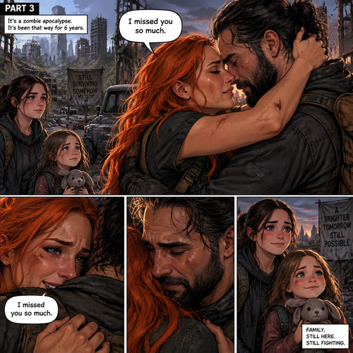 (Part 3)It’s a zombie apocalypse,It’s been that way for 6 years,Becky lynch And Seth Rollins are having an emotional reunion with Raven (A teenage girl) and Sophia (A little girl) watching. “I missed you so much” Said Becky