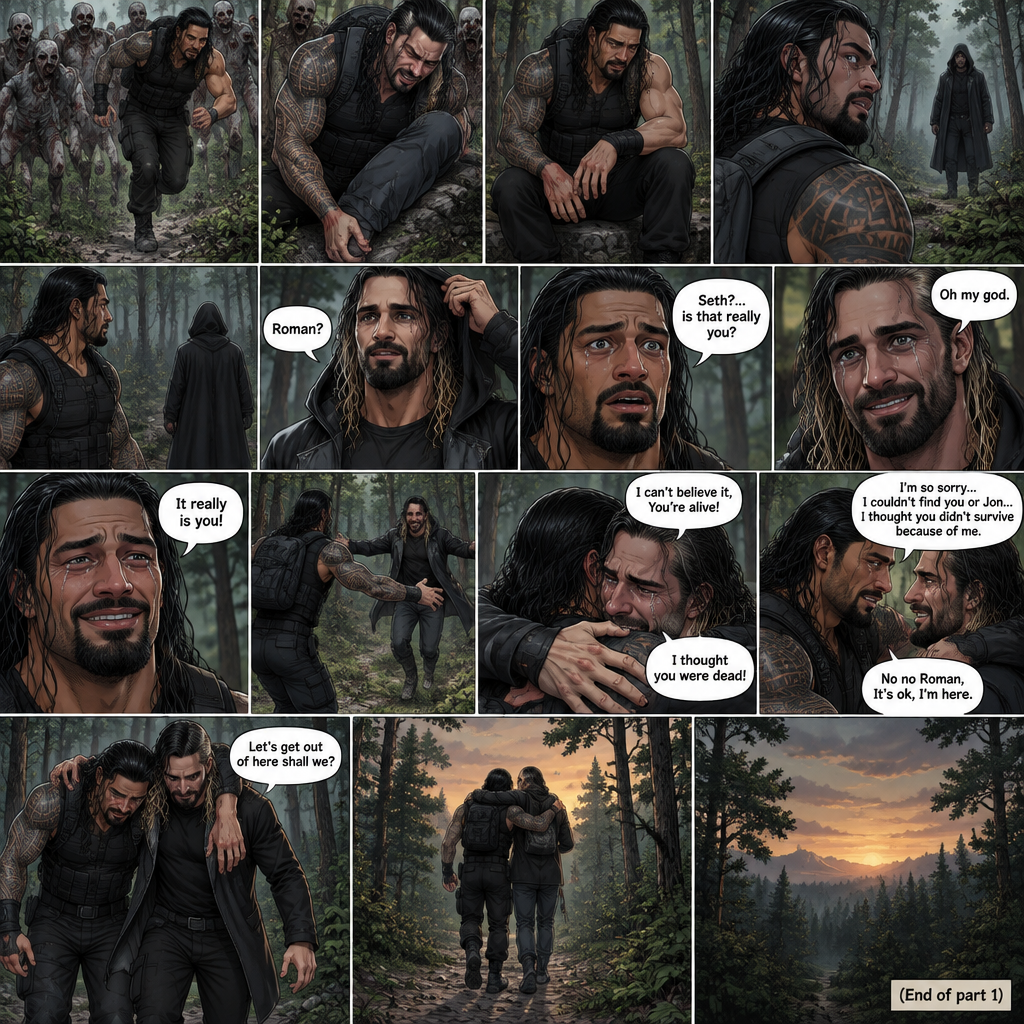 Roman Reigns is in a zombie apocalypse,He walking in the woods. He hurt his ankle while running away from a zombie horde. He’s far away from them and limping in the woods. The pain in his ankle was too much to ignore so he sat down on a rock,he sat there for a while….then….he heard distant footsteps. He looked behind him. There’s a hooded figure in the distance. He slowly stood up,he had his guard up. The hooded figure stopped walking. They were silent for a while. Then….the hooded figure took off his hood…it was….Seth Rollins. “Roman?” Said Seth. Roman’s eyes widened. “Seth?…is that really you?” Roman asked. Seth slowly smiled with joy. “Oh my god” Seth said softly. Roman slowly smiled and tears of joy welled up in his eyes. “It really is you!” Said Roman. Roman limped towards Seth while Seth runs towards Roman. They hugged each other and cried tears of joy. “I can’t believe it,You’re alive!” Seth Said through his tears. “I thought you were dead!” Roman said through his tears. After a while Roman and Seth looked at each other. “I’m so sorry…I couldn’t find you or Jon….I thought you didn’t survive because of me” said Roman. “No no Roman,It’s ok,I’m here” Seth said softly. Seth Wrapped Roman’s arm around his neck to help Roman walk. “Let’s get out of here shall we?” Said Seth. They began walking. (End of part 1)