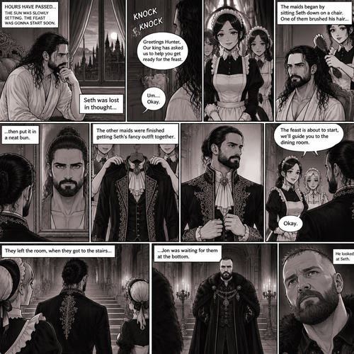 (Recap) Seth Rollins (The vampire hunter) woke up in a Royal bedroom,He finds a note on a nightstand that says “My little hunter,If you are reading this that means you’re awake,I had go out to do my royal duties,In case you’re wondering where you are,you’re in my castle completely safe,I bet you’re wondering why I took you here,I will explain everything soon,There’s going to be a royal feast tonight where I will announce who my bride is,I wish for you to be there,See you tonight my dear, Love Jon”,Then he walked to a mirror and gently traced the bite mark on his neck and wondered what the vampire king (Jon Moxley) wanted with him. (And now part 3). Hours have passed,the sun was slowly setting,The feast was gonna start soon. Seth was lost in thought,Then there was a knock on the door. He got up and opened it,The palace maids were there. “Greetings Hunter,Our king has asked us to help you get ready for the feast” said one of the maids. “Um….Okay” Said Seth. The maids walked in,They began by sitting Seth down on a chair,One of them grabbed a hairbrush and brushed his hair while the other maids went to get a fancy outfit together. After she was done brushing Seth’s hair the maid then put it in a neat bun. Seth looked in the mirror. The other maids were finished Getting Seth’s fancy outfit together. Seth puts it on. “The feast is about to start,we’ll guide you to the dining room” said one of the maids. They left the room,when they got to the stairs…Jon was waiting for them at the bottom. He looked at Seth