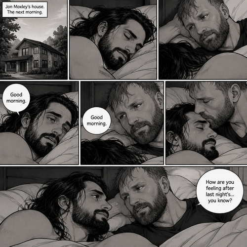 (Part 5). Still at Jon Moxley’s house. The next morning,Seth Rollins was asleep in Jon’s bed after last night’s activity. After a while Seth woke up,Jon was awake Before Seth was. “Good morning” Jon said softy. “Good morning” Seth said softy. Jon gently kissed Seth’s forehead. “How are you feeling after last night’s…you know?” Asked Jon