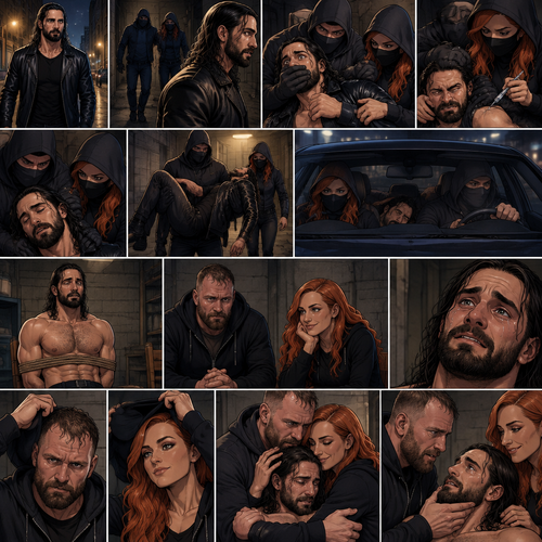 Seth Rollins was walking alone at night,Then….as he walked past an alley…A man and a woman wearing masks grabbed him.They dragged him into the alleyway,He was struggling.The masked man covered Seth’s mouth before he could call for help.Seeing that he was still struggling The masked woman injected a sedative into Seth’s body,Despite his efforts to resist it Seth slowly drifted into unconsciousness.The masked man carried him to his car with the masked woman following behind,they got into it and drove away.The next morning,Seth slowly regained consciousness,He was in some sort of basement tied to a chair.The masked man and masked woman were sitting in front of him…looking at him…as if he were the most precious thing in the world to them.They took off their masks,Seth couldn’t believe it….It was Jon Moxley and Becky Lynch!! Turns out they’ve been obsessed with him for a long time.Seth felt overwhelmed,Tears streamed down his face.Jon and Becky saw this and walked over to hug Seth and gently comforted him.They reassured him that they’re not gonna hurt him