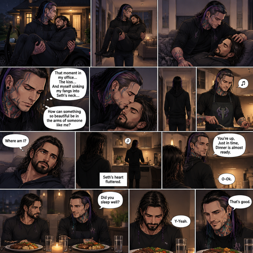 (Part 5 of the Vampire x human story) Jeff Hardy arrives at his house. He walks to the passenger side and gently lifts the sleeping Seth Rollins in his arms. He walks inside,Then he gently put Seth on his couch. He gently stroked Seth’s hair. Then he thought about that moment in Jeff’s office,The kiss and himself sinking his fangs into Seth’s neck. “How can something so beautiful be in the arms of someone like me?” Jeff asked himself. He gently kissed Seth’s forehead,Then he got up and walked to the kitchen. 5 minutes later,Jeff was making dinner and humming a tune. Meanwhile,Seth slowly woke up,He sat up and looked at his surroundings. “Where am I?” Seth asked himself,Then he heard Jeff humming. He got up and slowly walked to the kitchen. He sees Jeff humming and cooking. Seth’s heart fluttered. Then Jeff noticed Seth. “You’re up,Just in time,Dinner is almost ready” Said Jeff. “O-Ok” Seth said nervously. Seth walked to the table and sat down. Jeff finished cooking dinner. He put the food on the table and sat beside Seth. “Did you sleep well?” Jeff asked. “Y-Yeah” Said Seth. “That’s good” Said Jeff