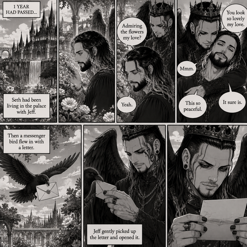 (Part 4 of the dark angel X human story). 1 year had passed,Jeff Hardy (The dark angel king) and Seth Rollins are more closer than ever. Seth had been living in the palace with Jeff. One day Seth was in the garden. Jeff walked behind him. “Admiring the flowers my love?” Jeff asked. Seth smiled softly. “Yeah” Seth said softly. Jeff gently pulled Seth in his embrace. “You look so lovely my love” Jeff said softly. Seth hummed softly. “This so peaceful” Seth said softly. “It sure is” Jeff said softly. Then a messenger bird flew in with a letter. Jeff gently picked up the letter and opened it.