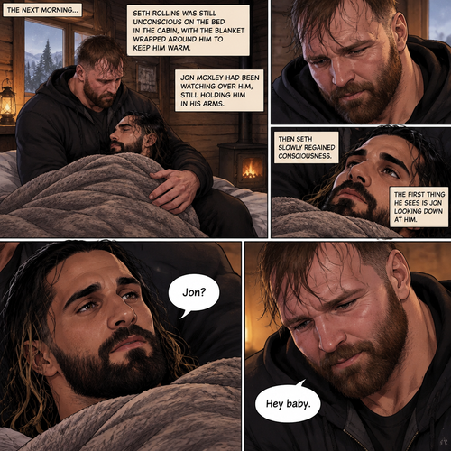 (The monster apocalypse/Moxollins story part 3). The next morning,Seth Rollins was Still unconscious on the bed in the cabin with the blanket wrapped around him to keep him warm. Jon Moxley had been watching over him Still holding him in his arms. Then Seth slowly regained consciousness,The first thing he sees is Jon looking down at him,Then he spoke softly “Jon?”. “Hey baby” Jon said softly