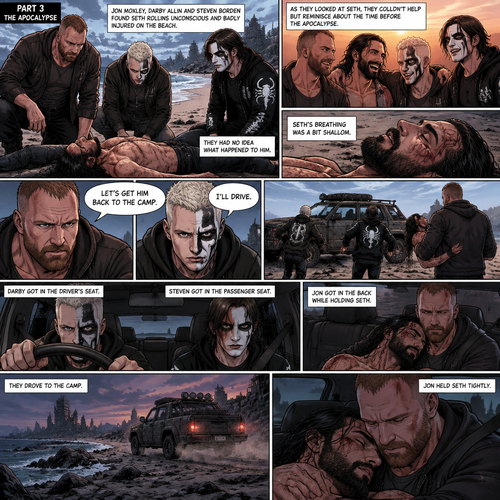 Part 3 of the apocalypse story.Jon Moxley,Darby Allin and Steven Borden (Sting’s son) Found Seth Rollins unconscious and badly injured on the beach while reminiscing about the time before the apocalypse.They had no idea what happened to him.Seth’s breathing was a bit shallow. “Let’s get him back to the camp” Said Jon. “I’ll Drive” Said Darby. Darby and Steven ran to the car,Jon lifted Seth in his arms and followed behind.Darby got in the driver’s seat,Steven got in the passenger seat and Jon got in the back while holding Seth.They drove to the camp,Jon held Seth tightly