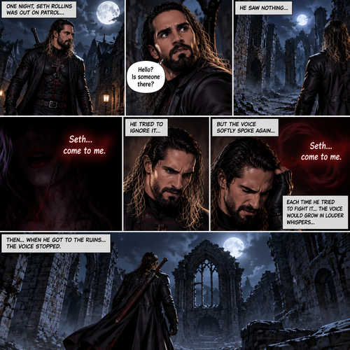 Seth Rollins is a vampire hunter,One night he was out on patrol…then….he heard someone…softly call out his name. “Hello?,Is someone there?” Seth called out. He saw nothing….then he heard it again,He tried to ignore it…but the voice softly spoke again “Seth…come to me”. He couldn’t ignore it anymore,he followed the voice. Each time he tried to fight it…the voice would grow in loud whispers,Then….when he got to the ruins…the voice stopped