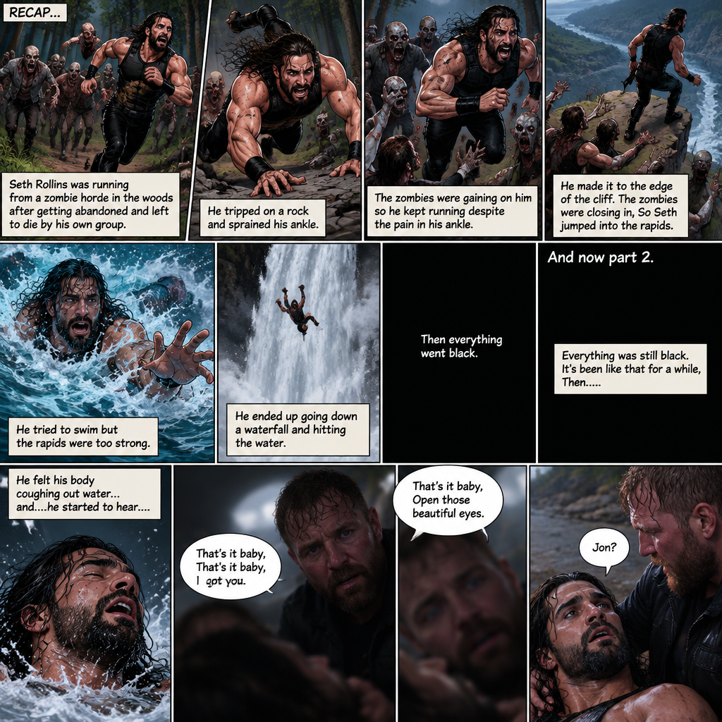 (Recap) Seth Rollins was running from a zombie horde in the woods after getting abandoned and left to die by his own group,He tripped on a rock and sprained his ankle,The zombies were gaining on him so he kept running despite the pain in his ankle,He made it to the edge of the cliff,The zombies were closing in,So Seth jumped into the rapids,He tried to swim but the rapids were too strong,He ended up going down a waterfall and hitting the water,Then everything went black. (And now part 2). Everything was still black. It’s been like that for a while,Then…..He felt his body coughing out water…and….he started to hear….A familiar voice fade in “That’s it baby,That’s it baby,I got you”. He slowly opened his eyes,The familiar voice spoke again “That’s it baby,Open those beautiful eyes”. Seth’s vision cleared….He sees….Jon Moxley..Looking down at him and holding him. “Jon?” Seth asked weakly