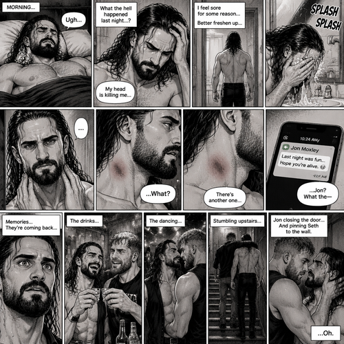 Seth Rollins was asleep after a party last night. Seth slowly woke up hungover,He barely remembered what happened last night. He slowly got up,He felt sore for some reason,Then he slowly walked to the bathroom. He splashed cold water on his face…then…he noticed something on his neck,It was…a hickey. Then he noticed…another hickey on the other side of his neck. Then a text notification popped up on his phone,It was Jon Moxley. Seth was confused,Then…memories from last night flashed in his mind. The drinks,The dancing with Jon,Them stumbling upstairs to Seth’s room,Jon closing the door and pinning Seth to the wall