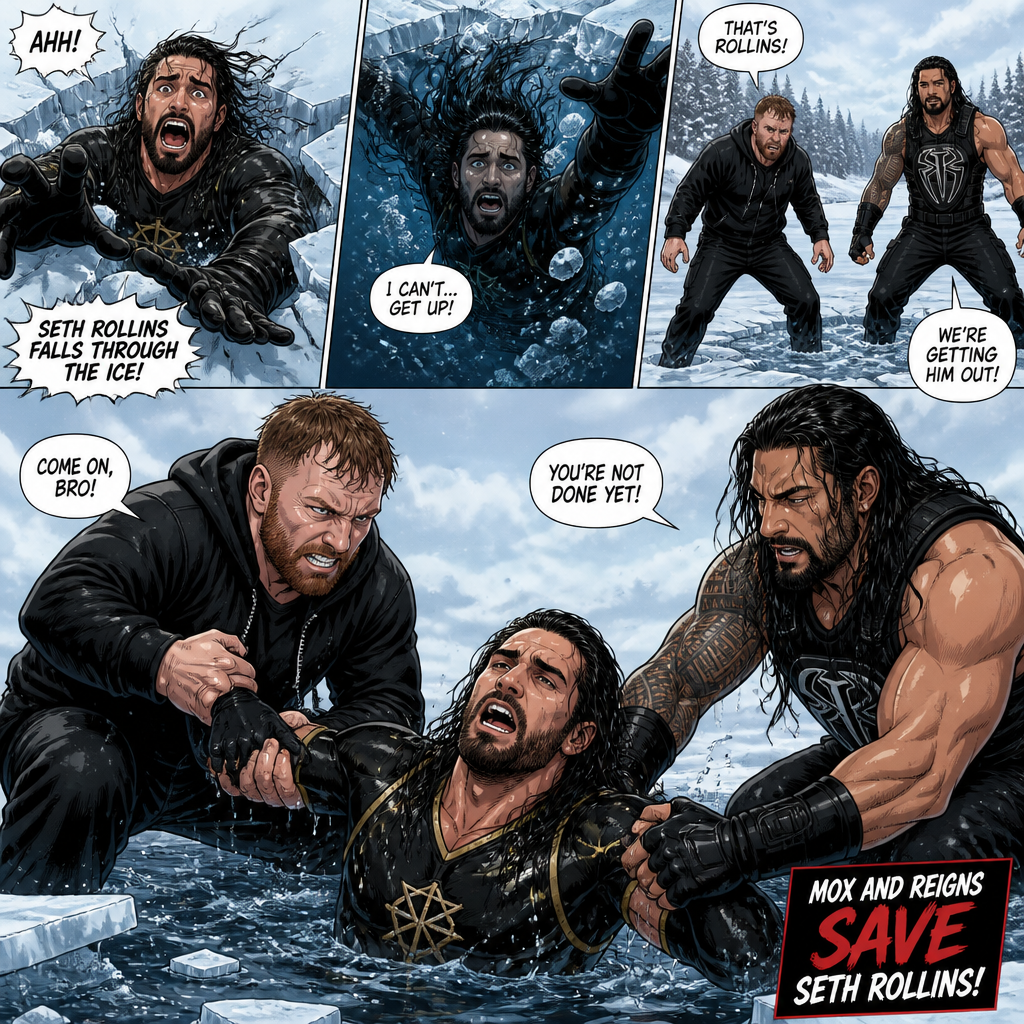 WWE superstar Seth Rollins Getting Rescued by Jon Moxley And Roman Reigns after falling through ice
