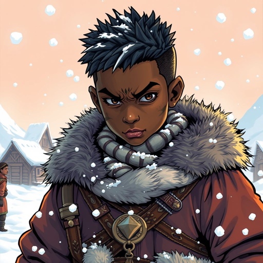 16 year old African kid. Whom is the leader of the snow village. Scars all over his body from war battles full body attire