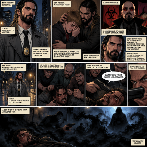 Seth Rollins is a detective. He and Jon Moxley had been friends for years. When Jon was 18 years old His parents were murdered by a villain known as Baron Von Virus. Seth comforted him that night. Ever since then Seth dedicated himself to stopping criminals like Baron Von virus and protecting the innocent. He was also trying to figure out the identity of a mysterious Vigilante known as the shadow. One night he walking down the sidewalk,Then a group of bad people attacked him. He tried to fight back but they overpowered him. They beat him up,Then they hold him down. One of them points a gun at his head and says “Baron von virus sends his regards”. He was about to pull the trigger…but then a shadow myst engulfed him. The shadow is here