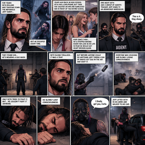 Seth Rollins is a secret agent,For years he was tracking down the nefarious Jeff Hardy…But he escaped every time. Years ago back in high school Seth had a girlfriend,But then she cheated on him and humiliated him In front of the entire school,Ever since then…He’s stopped making room for love in his life in fear he would get heart broken again. One night Seth and a group of agents tracked Jeff down to an abandoned warehouse.they found him…he’s wearing a gas mask. Seth slowly realizes…it was a trap,But before anyone could do anything Jeff threw a can of knock out gas in the air and shot it. Everyone was coughing and slowly losing consciousness,Only Seth tried to fight it,But…He couldn’t fight it anymore,He slowly lost consciousness. All of the agents are unconscious,Jeff slowly walked to the unconscious Seth. He looked down at Seth. “I finally got you,Cutie” Said Jeff. He lifted Seth in his arms and walked to his car