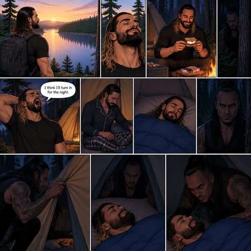 Seth Rollins was camping in the woods,he was enjoying the view of the lake and enjoying the fresh air,Hours later nighttime came,He was making s’mores at the campfire.He was enjoying himself…but…little did he know…that something…or someONE was watching him.Seth eventually got tired and yawned. “I think I’ll turn in for the night” said Seth.He went inside his tent,put pajamas on,got in his sleeping bag and went to sleep,Soon enough…Seth was deep asleep.The mysterious figure (Damien Priest) quietly walked to Seth’s tent,He opened the tent quietly.He looked at Seth,He quietly got inside the tent