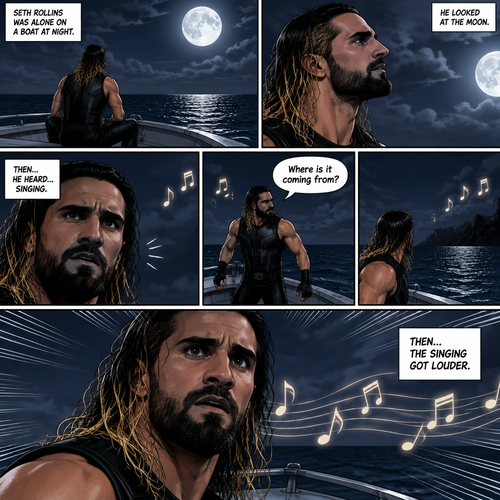 Seth Rollins was alone on a boat at night,He looked at the moon. Then….he heard…singing,he tried looking for the source. “Where is it coming from?” Seth asked himself. Then….the singing got louder