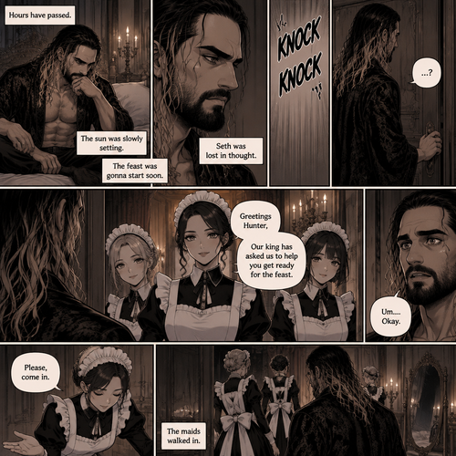 (Recap) Seth Rollins (The vampire hunter) woke up in a Royal bedroom,He finds a note on a nightstand that says “My little hunter,If you are reading this that means you’re awake,I had go out to do my royal duties,In case you’re wondering where you are,you’re in my castle completely safe,I bet you’re wondering why I took you here,I will explain everything soon,There’s going to be a royal feast tonight where I will announce who my bride is,I wish for you to be there,See you tonight my dear, Love Jon”,Then he walked to a mirror and gently traced the bite mark on his neck and wondered what the vampire king (Jon Moxley) wanted with him. (And now part 3). Hours have passed,the sun was slowly setting,The feast was gonna start soon. Seth was lost in thought,Then there was a knock on the door. He got up and opened it,The palace maids were there. “Greetings Hunter,Our king has asked us to help you get ready for the feast” said one of the maids. “Um….Okay” Said Seth. The maids walked in