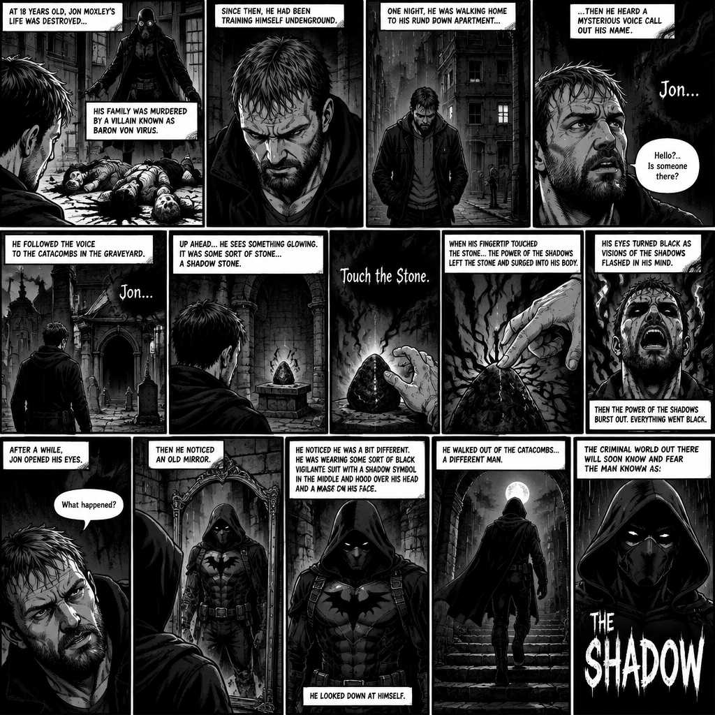 Jon Moxley as a vigilante born from tragedy. When he was 18 years old his family was murdered by a villain known as Baron Von Virus. Since then he had been training himself underground. One night he was walking home to his run down apartment…then he heard a mysterious voice call out his name. “Hello?…Is someone there?” Jon asked. It called out his name again. He followed the voice to the catacombs in the graveyard. Up ahead…He sees something glowing. It was some sort of stone…a shadow stone. Then the voice repeats “Touch the Stone”. Jon slowly walks towards the stone,His hand reaches out. When his fingertip touched the stone…the power of the shadows left the stone and surged into His body. His eyes turned black as visions of the shadows flashed in his mind. Then the power of the shadows burst out. Everything went black. After a while,Jon opened his eyes. “What happened?” Jon asked himself. Then he noticed an old mirror. He looked at his reflection…he noticed he was a bit different. He was wearing some sort of black vigilante suit with a shadow symbol in the middle and hood over his head and he was wearing a mask on his face.He looked down at himself. He walked out of the catacombs a different man. The criminal world out there will soon know and fear the man known as:The shadow