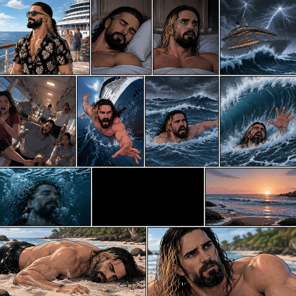 Seth Rollins is on a cruise ship,One night he was asleep,Then suddenly…thunder. He got up. The ship was rocking against the strong waves. Everyone was panicking,Then….Seth fell overboard. He swam as best as he could. The waves were strong,Then…A big wave came crashing down on him. Everything.Went.Black. A few hours have passed,Seth was unconscious on the shore,Then he slowly regained consciousness