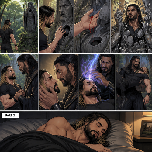 (Recap) Seth Rollins Was walking in the forest near his house,he discovered a statue of a sorcerer (Roman Reigns),he finds a hole on it,then he accidentally cuts his hand,A little bit of his blood dripped in the hole,then it broke apart…revealing the sorcerer himself,Seth was shocked,the sorcerer grabbed Seth’s wrist and pulled him closer,He looked at Seth’s eyes,then he used a spell to make Seth sleep,then he lifted Seth in his arms. (And now part 2). Seth was asleep on his bed