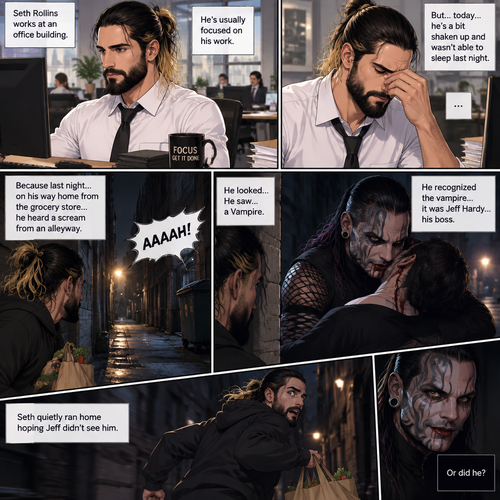 Seth Rollins was working at an office building. He’s usually focused on his work,But…today….he’s a bit shaken up and wasn’t able to sleep last night. Because last night….on his way home from the grocery store…he heard a scream from an alleyway. He looked…He saw….a Vampire. He recognized the vampire…it was Jeff Hardy…his boss. Seth quietly ran home hoping Jeff didn’t see him