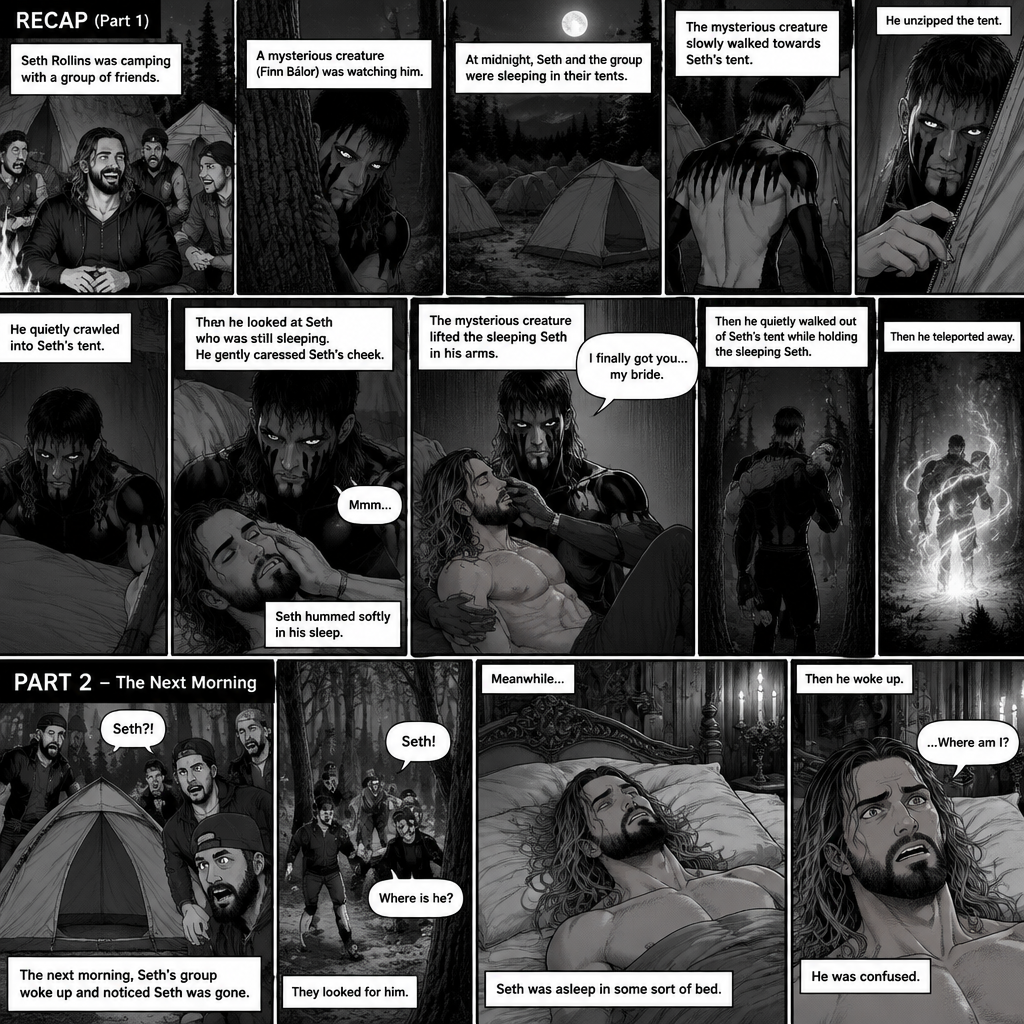 (Recap). Seth Rollins was camping with a group of friends,A mysterious creature (Finn Bálor) was watching him,at midnight Seth and the group were sleeping in their tents,The mysterious creature slowly walked towards Seth’s tent,he unzipped the tent,He quietly crawled into Seth’s tent,then he looked at Seth who was still sleeping,He gently caressed Seth’s cheek,Seth hummed softly in his sleep,the mysterious creature lifted the sleeping Seth in his arms,”I finally got you…my bride” the mysterious creature whispered,Then he quietly walked out of Seth’s tent while holding the sleeping Seth,then teleported away. (And now part 2). The next morning,Seth’s group woke up and noticed Seth was gone. They looked for him. Meanwhile,Seth was asleep in some sort of bed. Then he woke up. He was confused