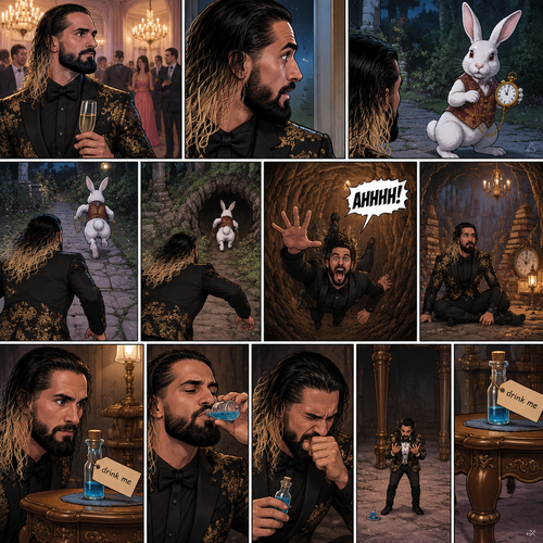 Seth Rollins was at a fancy party,Then he sees a white rabbit outside.It’s wearing a fancy vest and holding a pocket watch and it’s looking at him.Then it starts hopping away and Seth followed it.The rabbit kept hopping and Seth kept following,Until the rabbit jumped down the rabbit hole.Seth looked in the hole…Then he leaned in to far and started falling down the hole. “AHHHH!” Seth Yelled.He kept falling and falling,Till eventually he landed on the bottom.He looked at his surroundings,then he noticed a small door in front of him.He turned around and noticed a small table behind him,there’s a small potion on top of it and with a note attached to it that says “drink me”.He took the potion and took a sip,He coughed a little,Puts the potion back and shrinks (literally)