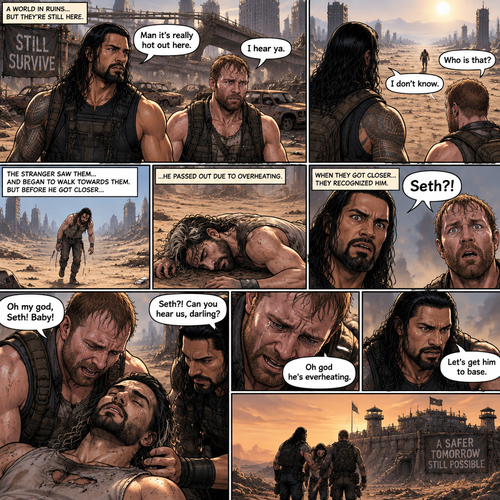 It’s a post apocalyptic world,Roman Reigns and Jon Moxley were side by side surviving the apocalypse together.They fought Bandits and raiders and scavenged for supplies.One day it was really hot outside. “Man it’s really hot out here” Said Roman. “I hear ya” Said Jon.They were about to head back to their base…then they see a person in the distance,He looked like he was overheating. “Who is that?” Asked Jon “I don’t know” said Roman.The person must’ve saw them because he began to walk towards them,but before he got closer to them he passed out due to overheating.Roman and Jon looked at each other,and then walked towards the unconscious man.when they got closer…they recognized him,They shocked…they ran towards him….It was Seth Rollins.Jon had tears in his eyes. “Oh my god,Seth! Baby!” Said Jon as he pulled Seth in his embrace. “Seth?! Can you hear us,darling?” Said Roman.Seth’s breathing was a bit shallow. “Oh god he’s overheating” Said Jon. “Let’s get him to base” said Roman