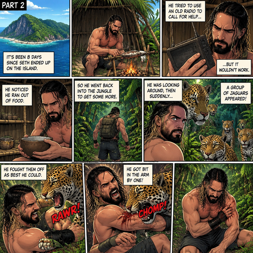 (Recap) Seth Rollins was on a cruise,then one night Thunder came,Seth got up from bed,The ship was rocking against the waves,Seth fell overboard,He swam as best he could,A wave crashed down on him,Everything went black,A few hours later,Seth woke up on shore,He was on an island,He has to figure out how to survive on the island. (And now part 2). It’s been 8 days since he ended up on the island. He has food and shelter. He tried to use an old radio to call for help but it wouldn’t work. He noticed he ran out of food,So he went back into the jungle to get some more. He was looking around,Then suddenly….A group of jaguars appeared! He fought them off as best he could. He got bit in the arm by one