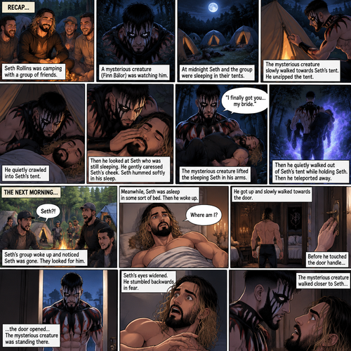 (Recap). Seth Rollins was camping with a group of friends,A mysterious creature (Finn Bálor) was watching him,at midnight Seth and the group were sleeping in their tents,The mysterious creature slowly walked towards Seth’s tent,he unzipped the tent,He quietly crawled into Seth’s tent,then he looked at Seth who was still sleeping,He gently caressed Seth’s cheek,Seth hummed softly in his sleep,the mysterious creature lifted the sleeping Seth in his arms,”I finally got you…my bride” the mysterious creature whispered,Then he quietly walked out of Seth’s tent while holding the sleeping Seth,then teleported away. (And now part 2). The next morning,Seth’s group woke up and noticed Seth was gone. They looked for him. Meanwhile,Seth was asleep in some sort of bed. Then he woke up. He was confused. “Where am I?” Seth asked himself. He was in some sort of bedroom. He got up and slowly walked towards the door,Before he touched the door handle…the door opened…the mysterious creature was standing there. Seth’s eyes widened. He stumbled backwards in fear. The mysterious creature walked closer to Seth