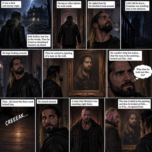 It was a dark and stormy night.Seth Rollins was lost in the woods,Then he found an abandoned mansion up ahead.Having no other options he went inside.He sighed heavily.He decided to look around,Little did he know…Someone was watching him in the darkness.He kept looking around,Then he noticed a painting of a man on the wall,He couldn’t help but notice…that the man in the painting…looked just like…him. “Why does he look just like…me?” Seth asked himself.Then…He heard the floor creak behind him,He turned around,A man (Jon Moxley) was standing right there.The man Looked at the painting and then he looked at Seth…..as if he….recognized him