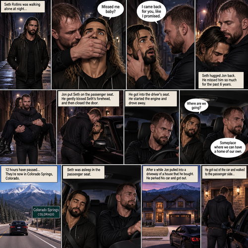 (Recap). Seth Rollins was walking alone at night,then someone grabbed him from behind and covered his mouth so he wouldn’t scream,he whispered in Seth’s ear “Missed me baby?”,it turned out to be Jon Moxley Seth’s first love,Jon removed his hand from Seth’s mouth and gently turned Seth around to face him,Seth couldn’t believe that Jon was actually here,Jon hugged Seth and said “I came back for you,like I promised”,Seth had remembered that promise that he made to him the day he went on the run,Seth hugged Jon back,He missed him so much for the past 6 years.after a minute,Jon lifted Seth in his arms and walked down the alleyway while holding Seth. (And now part 2). Jon was still walking down the alleyway,Then he spotted his car. He walked to his car and put Seth on the passenger seat. He gently kissed Seth’s forehead and then closed the door. He walked to the driver’s seat and got in. He Started the engine and drove away. “Where are we going?” Asked Seth. “Someplace where we can have a home of our own” said Jon. 12 hours have passed,They’re now in Colorado Springs,Colorado,Jon was still driving and Seth was asleep in the passenger seat. After a while Jon pulled into a driveway of a house That he bought. He parked his car and got out. He got out of the car and walked to the passenger side