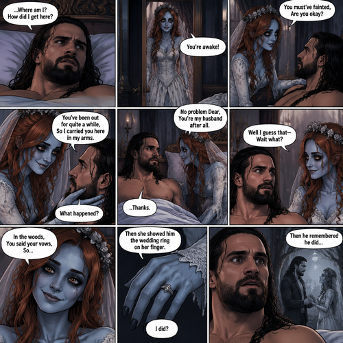 (Part 3 of the corpse bride,Seth x Becky style). Still in the strange bedroom,Seth Rollins was still confused as to how he got there after he woke up. Then the undead woman in a wedding dress (Becky Lynch) walks in. “You’re awake!” Said the undead Bride. She walked towards the bed. “You must’ve fainted,Are you okay?” The undead Bride asked. She gently placed her hand on his cheek. “What happened?” Seth asked. “You’ve been out for quite a while,So I carried you here in my arms” Said the undead bride. Seth slowly sat up. “..Thanks” Said Seth “No problem Dear,You’re my husband after all” Said the undead bride. “Well I guess that-Wait what?” Said Seth. “In the woods,You said your vows,So…” said the Undead bride. Then she showed him the wedding ring on her finger. “I did?” Asked Seth. Then he remembered he did
