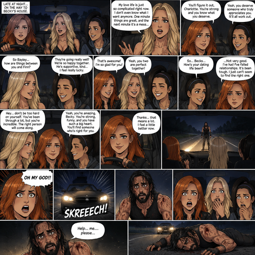 It was late at night,Becky Lynch Was in a car with Charlotte Flair and Bayley. They were driving to Becky’s house. Charlotte was talking about her complicated love life. Becky and Bayley were giving her words of comfort and support. Charlotte then asked Bayley how things were between her and Finn Bálor (They’re dating in this story). Bayley said things were going very well between the two of them. Becky and Charlotte were both happy to hear that. Bayley then looked at Becky and asked How HER dating life had been. Becky got a sad look on her face as she admitted that her dating life wasn’t doing very good,She had Five failed relationships. Charlotte and Bayley gave Becky words of comfort. Becky felt a little better. Then Becky looked at the road and suddenly yelled “OH MY GOD!!” And slammed on the breaks. There was a man (Seth Rollins) standing in front of the car,He was covered in bad scratches. He had a frightened expression on his face,He looked like he got attacked by a wild animal. Becky,Charlotte and Bayley were horrified. Then…the man spoke “Help…me….please”, then he collapsed on the road