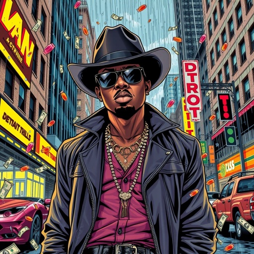 Album cover of a black man with a black cowboy hat and shades on standing in front of the Main Street in the hood of Detroit, mi. Rain falling down with candy and money everywhere 