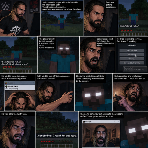 Seth Rollins was playing Minecraft alone on his computer,Then he noticed something. There was a player with a default skin,His back faced Seth. The strange part about it…was there was no name tag above the player. Seth was getting suspicious. He moved his character to the player,Then he typed in the chat bar “Hello?”. The player didn’t respond. Seth typed in the chat bar again “Who are you?”. The player slowly turned around….it wasn’t a player at all….It was Herobrine. Seth was spooked,He’s heard the legend of Herobrine before. He tried to exit the server…But it wasn’t working,He tried to close the game…but it wasn’t working either. Herobrine kept staring at Seth. Seth tried to turn off the computer….but it won’t turn off. Then…Herobrine slowly moved closer to the screen. Seth panicked and unplugged the computer……but it was still on,He was paralyzed with fear. Then….Herobrine spoke in the chat bar “I want to see you”. Then….he somehow got access to the webcam on Seth’s computer and turned it on