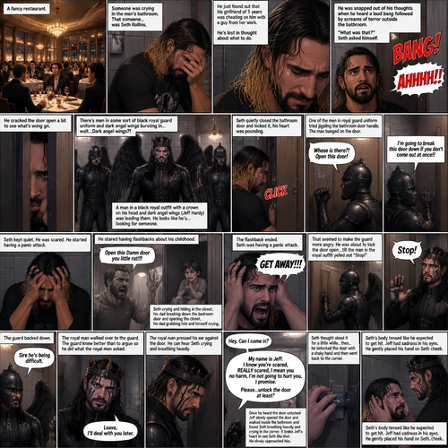 There’s a fancy restaurant,someone was crying in the men’s bathroom,That someone…was Seth Rollins. He just found out that his girlfriend of 5 years was cheating on him with a guy from her work. He’s Lost in thought about what to do. He was snapped out of his thoughts…when…he heard a loud bang followed by screams of terror outside the bathroom. “What was that?” Seth asked himself. He cracked the door open a bit to see what’s going on. There’s men in some sort of black royal guard uniform and dark angel wings bursting in…wait…Dark angel wings?!. A man in a black royal outfit with a crown on his head and dark angel wings (Jeff Hardy) was leading them,He looks like he’s…looking for someone. Seth quietly closed the bathroom door and locked it,his heart was pounding. Then…One of the men in royal guard uniform tried jiggling the bathroom door handle. Seth slowly and quietly backed away from the door. The man in the royal guard uniform banged on the door. “Whose is there?! Open this door!” The man in the royal guard uniform yelled. Seth kept quiet while the man kept banging on the door. “I’m going to break this door down if you don’t come out at once!!” The man in the royal guard uniform yelled. Seth was scared,He stared having flashbacks about his childhood. His dad yelling at him “Open this Damn door you little rat!!!”. Seth crying and hiding in the closet,his dad breaking down the bedroom door and opening the closet,his dad grabbing him and himself crying. The flashback ended. Seth was having a panic attack. “GET AWAY!!!” Seth yelled at the door. That seemed to make the man in the royal guard uniform more angry,He was about to kick the door open…till the man in the royal outfit yelled out “Stop!” At the guard. The guard backed down. The man in royal outfit walked over to the guard. “Sire he’s being difficult” the guard said. “Leave,I’ll deal with You later” the royal man said to the guard. The guard knew better than to argue so he did what the royal man asked. The royal man pressed his ear against the door,He can hear Seth crying and breathing heavily. Seth was still having a panic attack. The royal man gently knocked on the door. “Hey,Can I come in?” The royal man asked. Seth didn’t move. “My name is Jeff” said Jeff. “I know you’re scared,REALLY scared,I mean you no harm,I’m not going to hurt you,I promise” Jeff said softly. “Please…unlock the door at least?” Jeff asked politely. Seth thought about it for a little while…then…he…unlocked the door with a shaky hand and then went back to the corner. Once he heard the door unlocked Jeff slowly opened the door and slowly walked inside the bathroom and found Seth breathing heavily and crying in the corner. It broke Jeff’s heart to See Seth like that,He slowly approached him. Seth’s body tensed like he expected to get hit. Jeff had sadness in his eyes,He gently placed his hand on Seth’s cheek. (End of part 1)