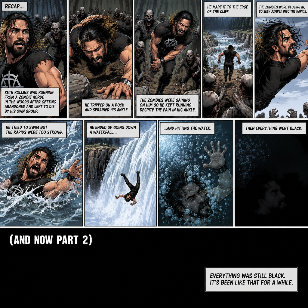 (Recap) Seth Rollins was running from a zombie horde in the woods after getting abandoned and left to die by his own group,He tripped on a rock and sprained his ankle,The zombies were gaining on him so he kept running despite the pain in his ankle,He made it to the edge of the cliff,The zombies were closing in,So Seth jumped into the rapids,He tried to swim but the rapids were too strong,He ended up going down a waterfall and hitting the water,Then everything went black. (And now part 2). Everything was still black. It’s been like that for a while