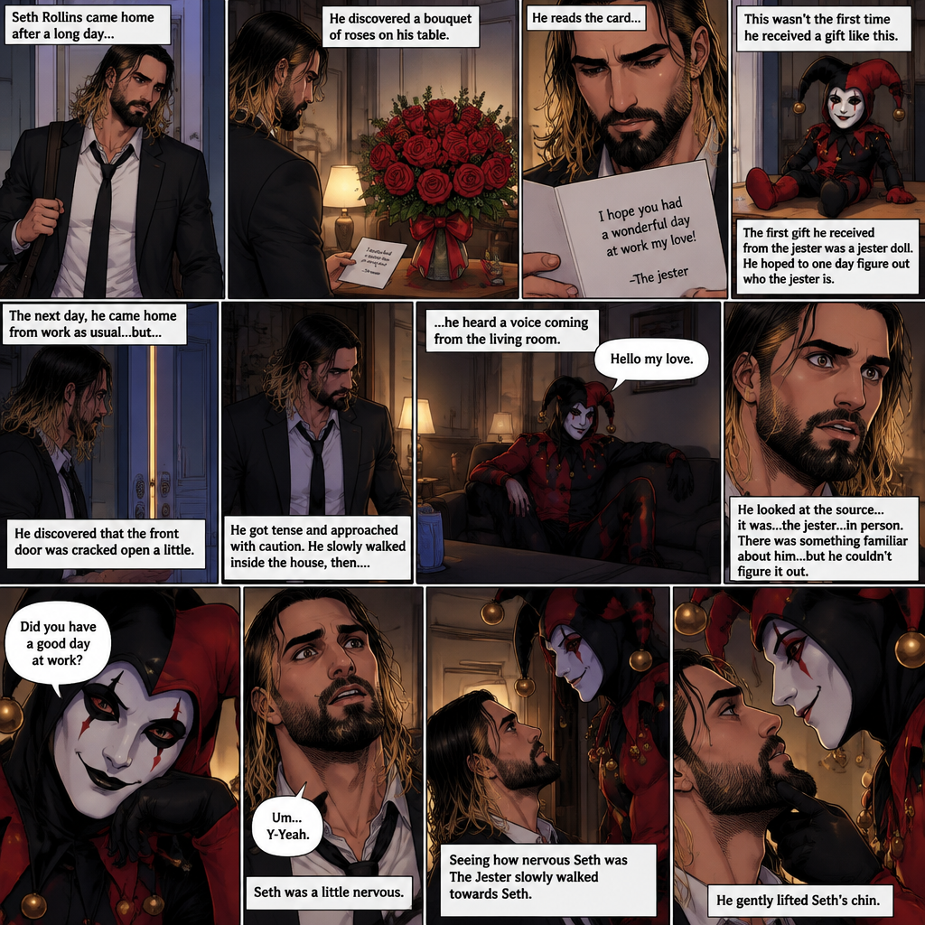 Seth Rollins came home after a long day,He discovered a bouquet of roses on his table. He reads the card,it says “I hope you had a wonderful day at work my love!-The jester”. This wasn’t the first time he received a gift like this. A mysterious person known as the Jester had been stalking him and sending him gifts for weeks. He was never able to figure who this person is. The first gift he received from the jester was a jester doll. He hoped to one day figure out who the jester is. The next day,he came home from work as usual….but….he discovered that the front door was cracked open a little. He got tense and approached with caution. He slowly walked inside the house,then….he heard a voice coming from the living room “Hello my love”. He looked at the source….it was…the jester….in person,Sitting on Seth’s couch. There was something familiar about him…but Seth couldn’t figure it out. “Did you have a good day at work?” Asked the Jester. Seth was a little nervous. “Um…Y-Yeah” said Seth. Seeing how nervous Seth was The Jester slowly walked towards Seth. He gently lifted Seth’s chin