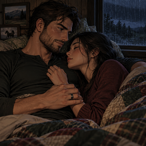 The rain keeps low against the glass, and the room holds the two of them in the warm dark like a held breath. Cormac's thumb rides the ring once, slow, and he does not reach for the lamp. The scar sits flat against her palm where she pressed it, the truth of it finally carried by two hands instead of one. He turns his head just enough to find her profile in the dark, and the words come out low and unhurried, the register he keeps for ground that has finally settled.*
Te amo, wǒ ài nǐ, mahal kita — every tongue you've given me, love, I keep. And the scar, the mills, the winter count, all of it.
*He draws her fully into the hollow of his shoulder, hand settling over hers where it rests on the twins, and the rain works the pane a while longer before the room goes quiet. No lamp. No drawer. No county truck in the yard. Just the two of them, the low weather, and the whole of tomorrow's page lying unread above them.*
Now sleep, wife. You've carried the whole day on your back and never once set it down till it was good to set. Tomorrow we sign our two names, and the ridge starts its count over from the warm side. I'll be right here when the light finds us.