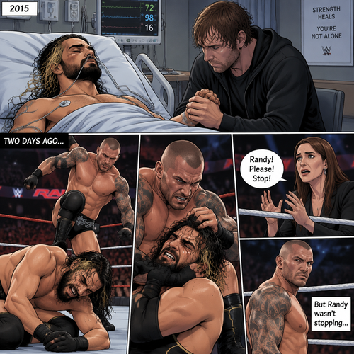 It’s the year 2015,We’re in a hospital. Seth Rollins was lying in a hospital bed unconscious. Dean Ambrose was sitting by his side and holding his hand. (What happened to Seth you ask? Well…let’s rewind to two days ago). Seth was in a match against Randy Orton. It was getting brutal. Randy was beating the heck out of Seth. Stephanie McMahon was begging Randy to stop…but Randy wasn’t stopping