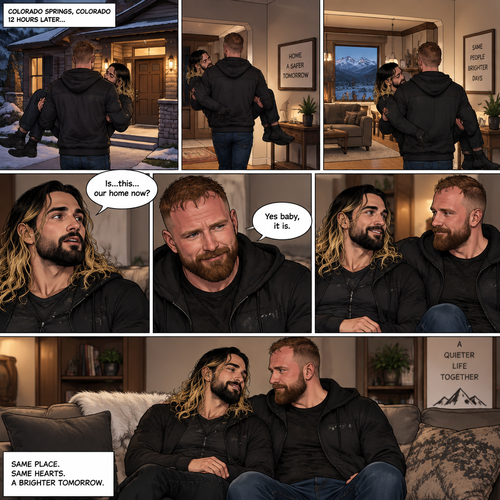 (Recap) Seth Rollins and Jon Moxley had an emotional reunion in an alley away,Jon carried Seth to his car,he put him in the passenger seat and Drove,12 hours have passed,they’re in Colorado Springs,Colorado,Jon was still driving and Seth was asleep in the passenger seat,he arrived at a house and parked the car,he got out and walked to the passenger side,he gently shook Seth awake,he lifted Seth in his arms and walked to the house. (And now part 3). Jon entered the house with Seth in his arms. Seth looks at the place. “Is…this…our home now?” Seth asked. Jon smiled softly. “Yes baby,it is” Jon said softly. Seth smiled softly. Jon gently puts Seth down on the couch. He sits next to Seth