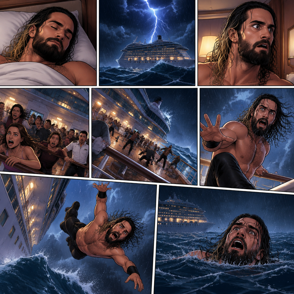 Seth Rollins is on a cruise ship,One night he was Asleep,Then suddenly thunder. He got up. The boat was rocking against the strong waves. Everyone was panicking,Then….Seth fell overboard