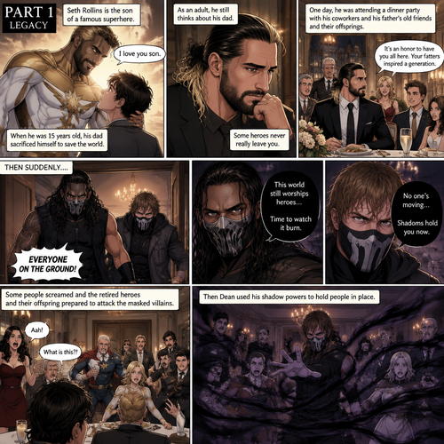 (Part 1 of an Ambrolleigns story) Seth Rollins is the son of a famous superhero. When he was 15 years old his sad sacrificed himself to save the world,the last this his dad said to him was “I love you son”. As an adult he still thinks about his dad. One day He was attending a dinner party with his coworkers and his father’s old friends and their offsprings,Then suddenly….Two masked villains (Roman Reigns and Dean Ambrose) bursts in. Some people screamed and the retired superhero’s and their offspring prepared to attack the masked villains. Then Dean used his shadow powers to hold people In place